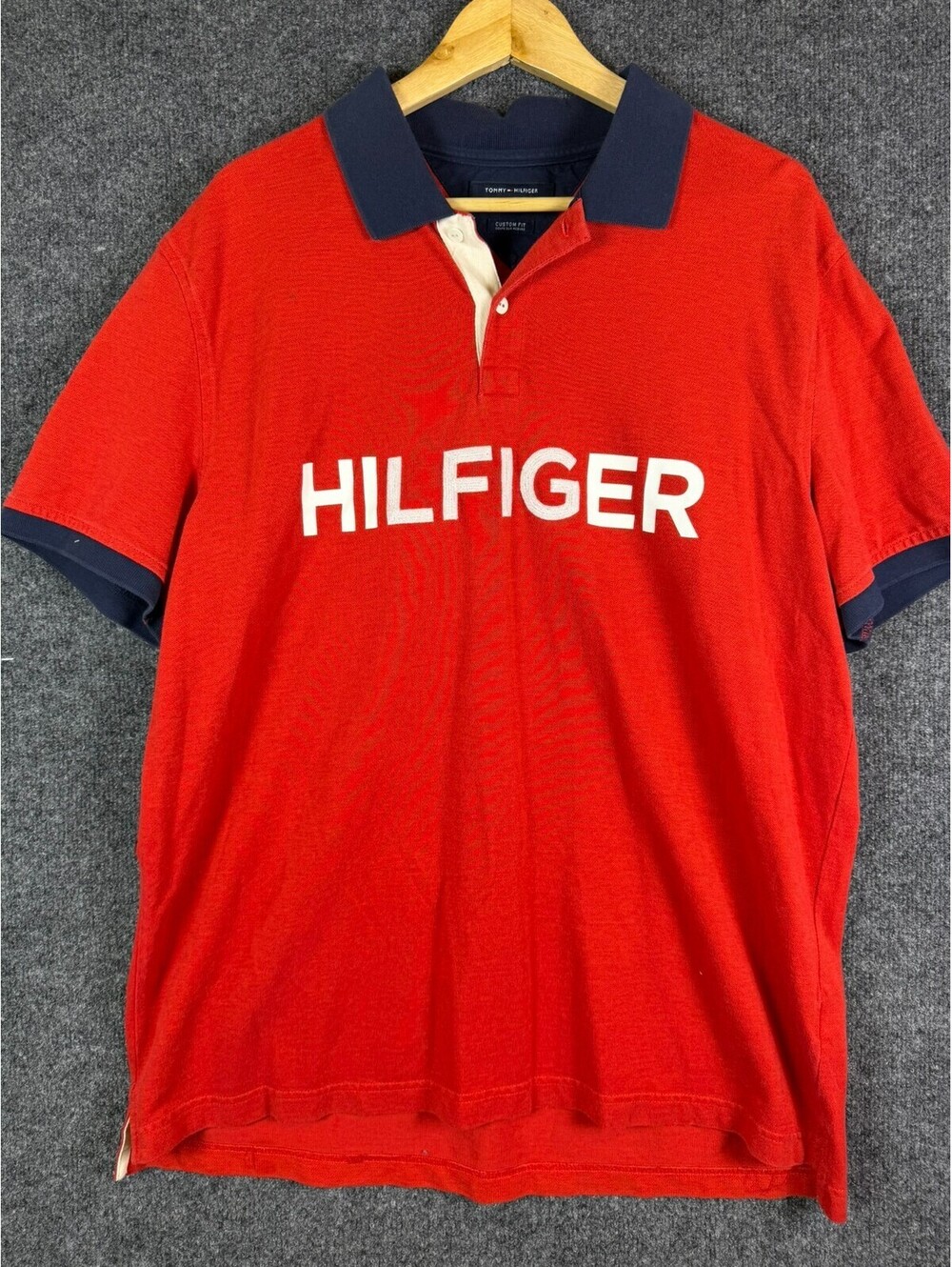 Tommy Hilfiger Mens XL Red Polo Shirt Big Spellout Custom Fit Navy Collar Short